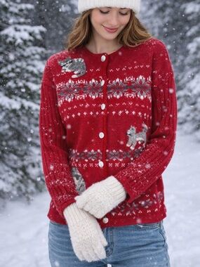 Susan Bristol Red Embroidered Cats Fair Isle Y2K Teacher Cardigan Sweater Sz S